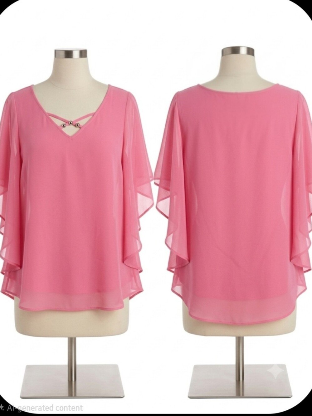 C Pink Flutter Sleeve V-Neck Blouse with Decorative Strap